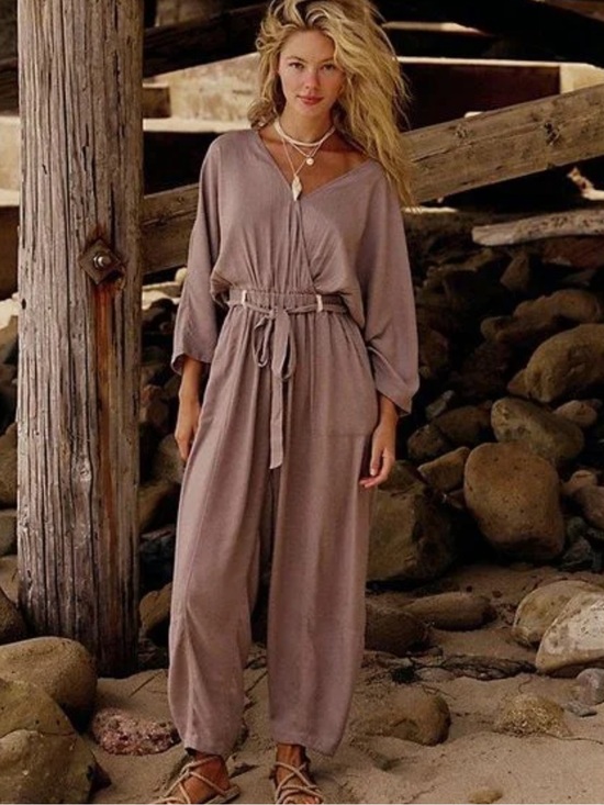 Free People Pants - Free People Khaki Linen Blend One Piece Jumpsuit S